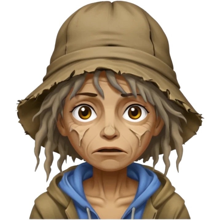 very dirty looking homeless woman with ripped hat and face with ugly hair emoji