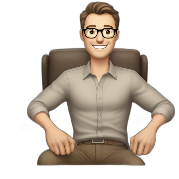 Joyful Celebrating victory Hands up Pale skinned Fit Man With dark brown hair in gray jacket, beige office shirt, Brown pants and vintage glasses sitting In a soft chair emoji