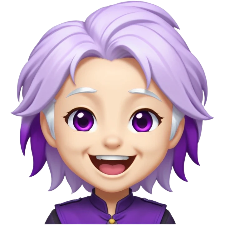 Chibi Sable Ward laughing hard, exaggerated laugh, head tilted back, white hair with purple streaks, fully purple eyes, extremely happy expression emoji
