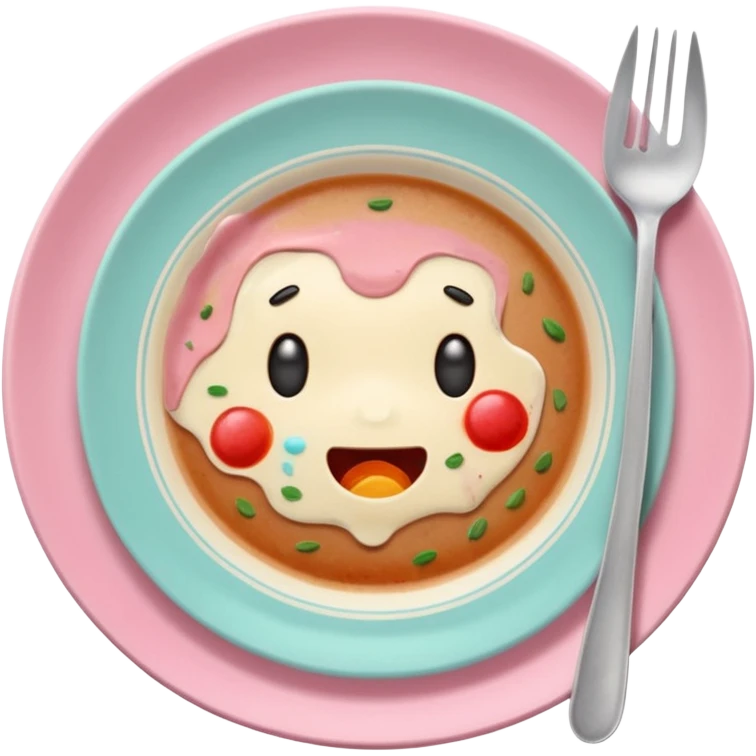 of a dirty plate after eating, leftover food scraps, sauce stains on the plate, small fork and spoon resting on the plate, slightly messy but funny, soft pastel colors, rounded shape, clean background, kawaii style, expressive and playful, high quality, emoji style emoji