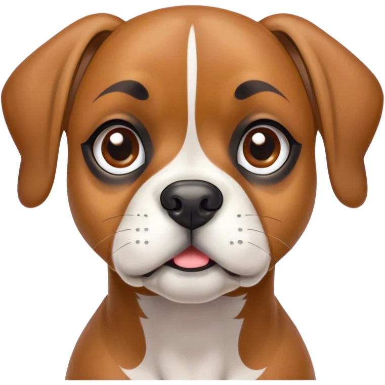Cinematic Cute Fawn Boxer Dog Portrait Emoji, Head tilted playfully and inquisitively, with a glossy fawn coat highlighted by a white muzzle and chest, round, sparkling brown eyes filled with curiosity, Simplified yet irresistibly adorable features, highly detailed, glowing with a warm, friendly glow, high shine, affectionate and lively, stylized with a touch of whimsy, bright and endearing, soft glowing outline, capturing the essence of a mischievous yet loving pup, so playful it feels like it could bound out of the screen and into your arms! emoji