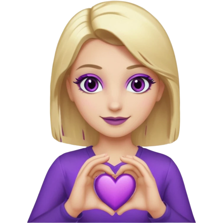 twitch emote, kinda chibi style. blonde hair: long, straight, no bangs. gray eyes. an eyebrow with a slit. purple eyeshadow/eyeliner with gold eyeshadow. only face and arms, hands visible. happy, holding a purple heart. white background. emoji