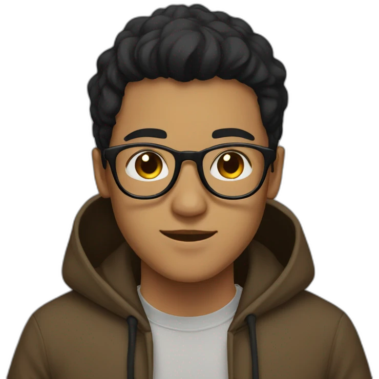 A young man wearing glasses, a brown hoodie, and black hair emoji