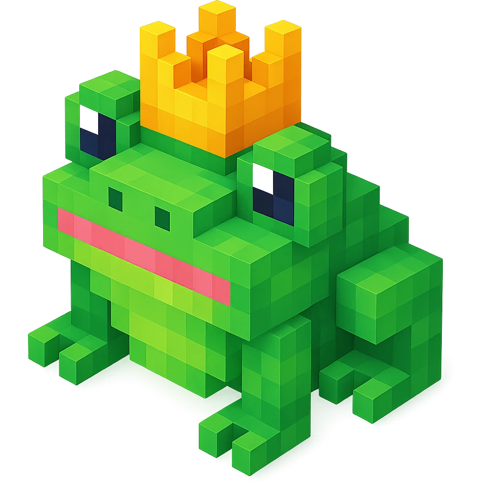 frog made out of blocks wearing a crown voxel style emoji