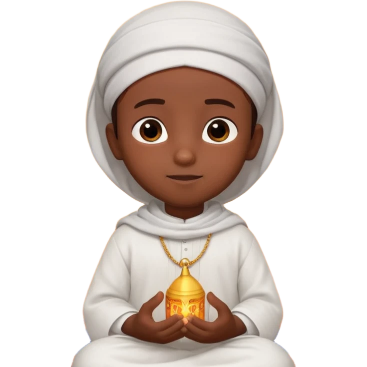 Personnage 3D mignon en style Pixar, un petit garçon portant un qamis blanc et un kufi, tenant un tapis de prière, entouré de lanternes brillantes, fond doux, couleurs chaudes, garçon teint noir emoji