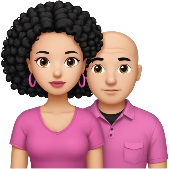 A picture if a couple. the man is a Mexican man with  black hair, a bald hair cut and black shirt on. the woman is mixed with black and white, with curly shoulder length hair and a pink shirt on emoji
