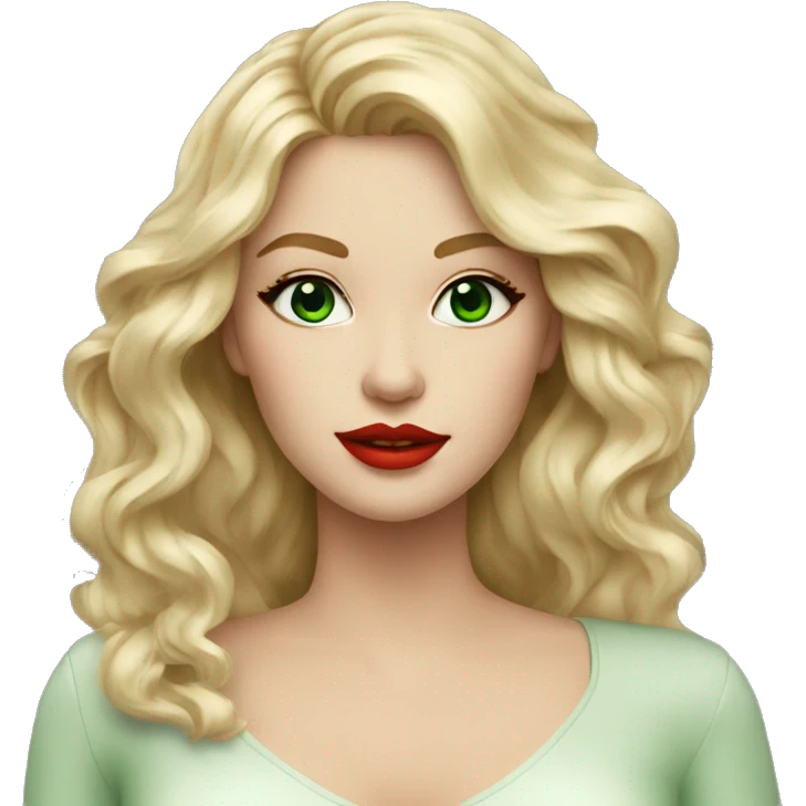 blonde beauty woman wiht green eyes, long wavy hair, red lips, modern outfit emoji