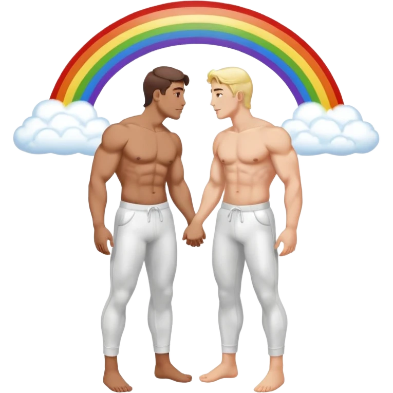 make 2 seductive men kissing and holding hands on a rainbow with clouds emoji