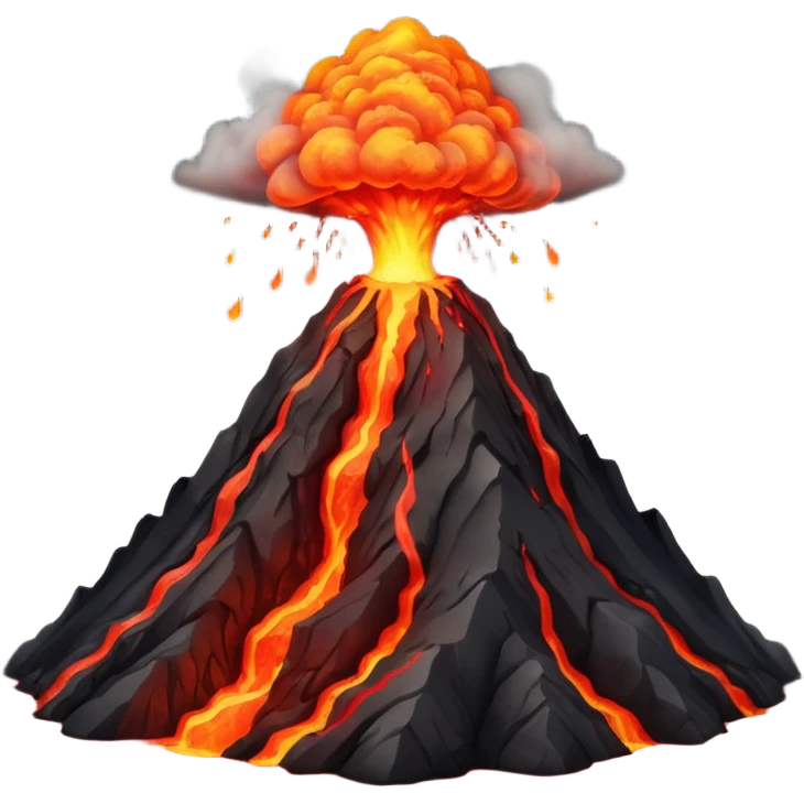 Apple-style 3D emoji of an erupting volcano, dark rocky mountain with a bright red lava flow and glowing orange eruption at the top, some smoke coming out, colorful and cartoonish but realistic enough, no background emoji