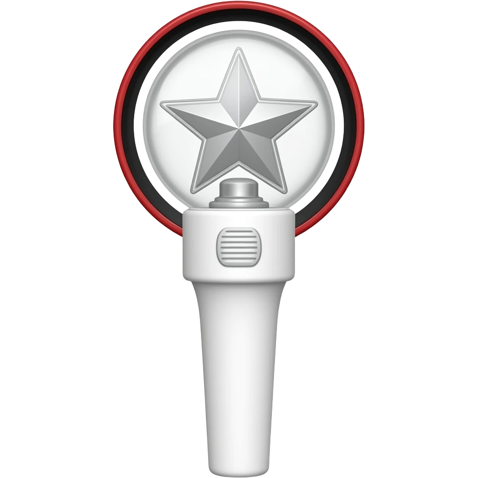 Stray Kids leuchtstab. Weißer leuchtstab mit einer durchsichtigen Kugel. In der Kugel ist ein silberner Stern. Der Stern ist von einem schwarzen Kreis umgeben. Der schwarze Kreis ist von einem roten Rand umgeben emoji