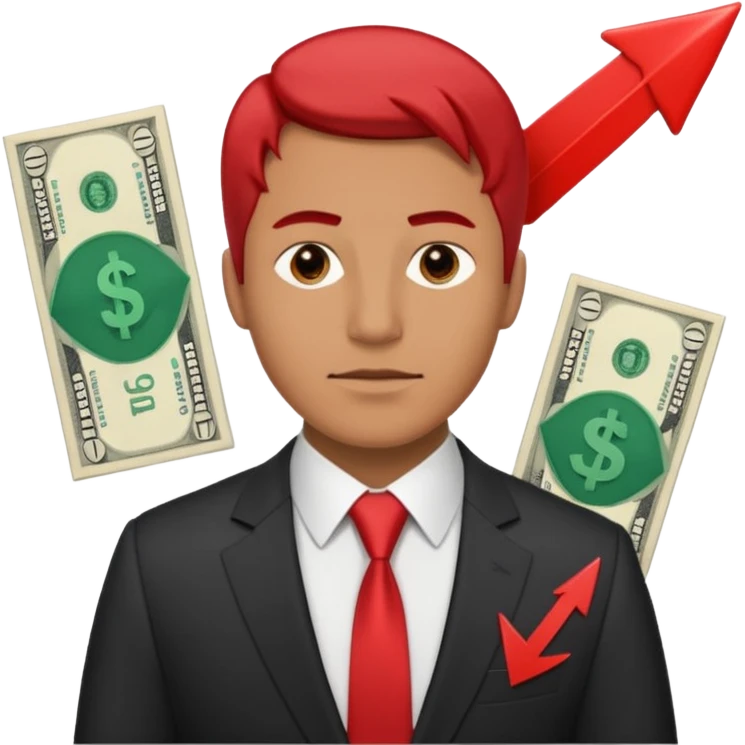 a man, and next to him are bills of money and a red arrow that points down emoji