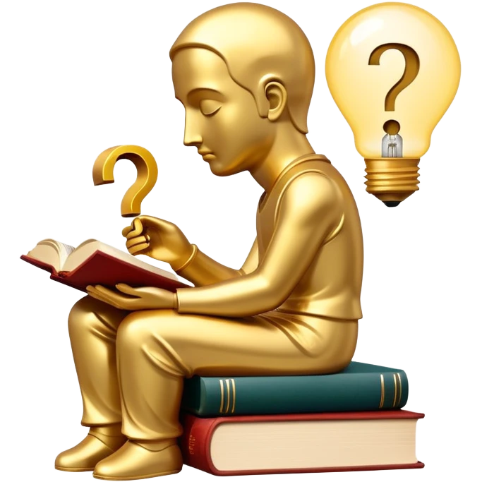 An icon featuring a thinker statue, a scroll, and a question mark, symbolizing philosophy. The design includes books, a lightbulb, and abstract symbols representing deep thought and wisdom. Transparent background highlights the study of ideas, logic, and existential questions emoji