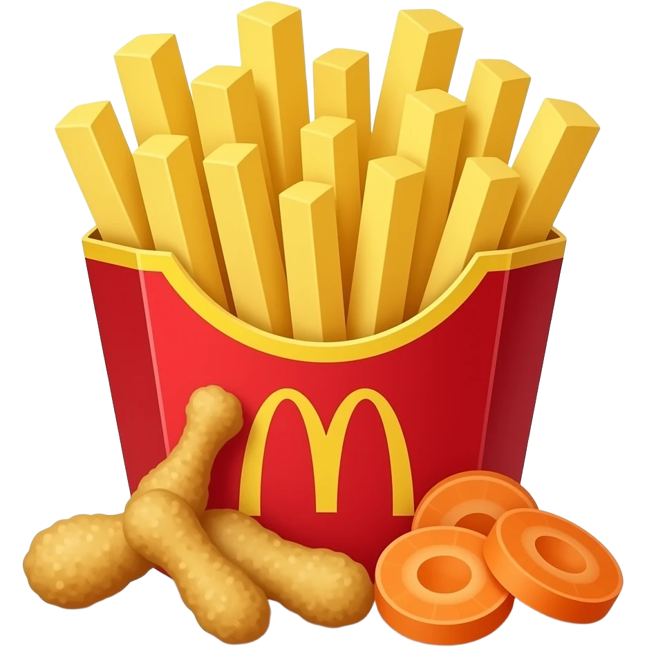 papas fritas en una caja roja con pedacitos de pollo frito, y zanahoria cortadas redondas emoji