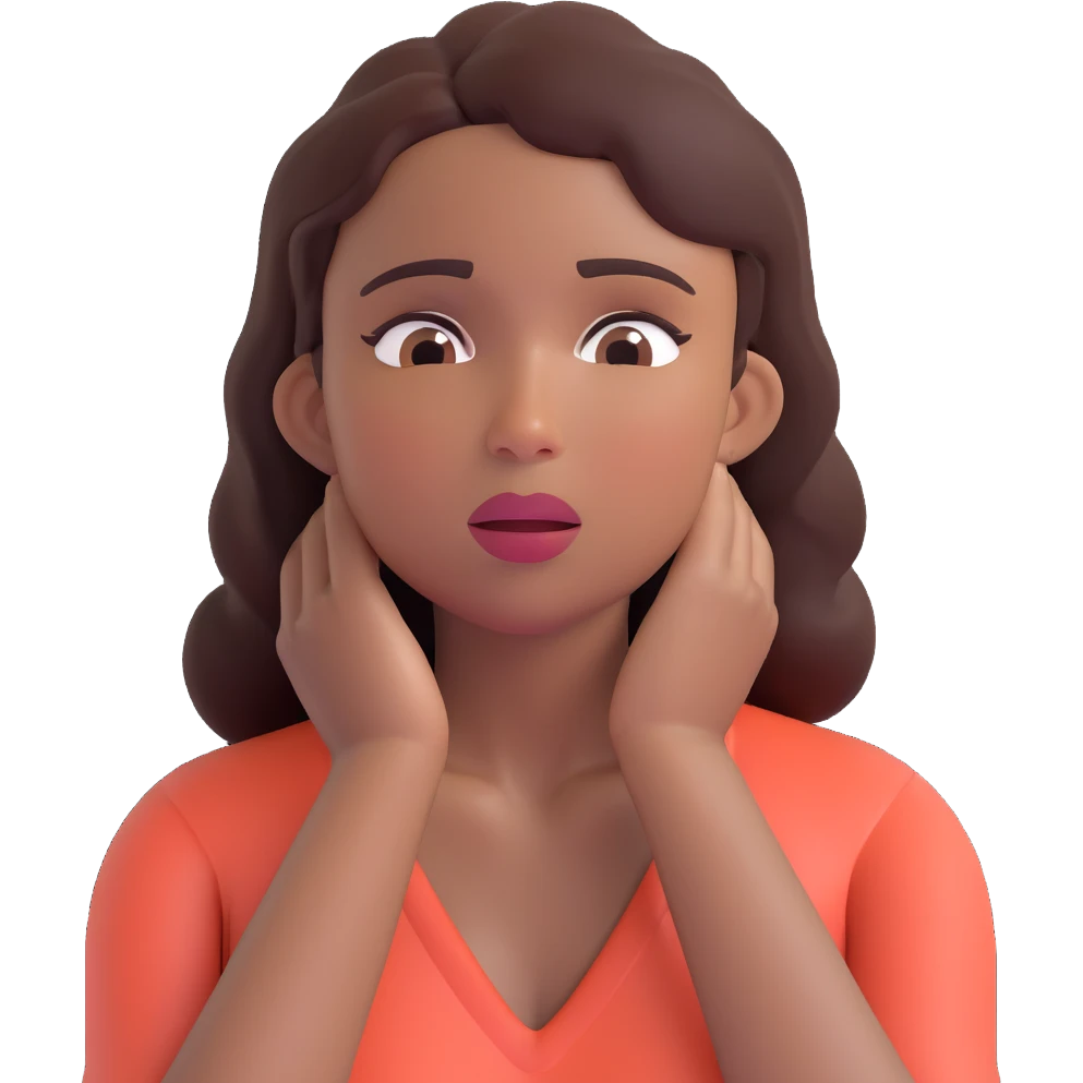 emoji of a woman with medium-dark skin tone, both hands on her neck, cheeks puffed, struggling to breathe emoji
