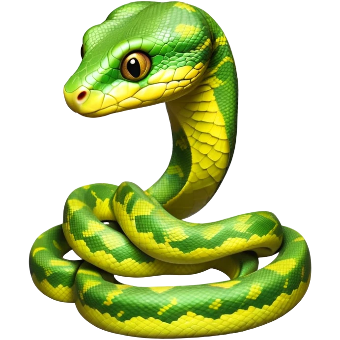 cinematic-green tree python-realistic-full-body-coiled-emoji,-thick-scaled-body-looped-tightly,-intricate-tellow and green-patterned-scales-reflecting-light,-head-tilted-dramatically,-cute-eyes-staring-calmly,-simplified-yet-realistic-focused-feature emoji