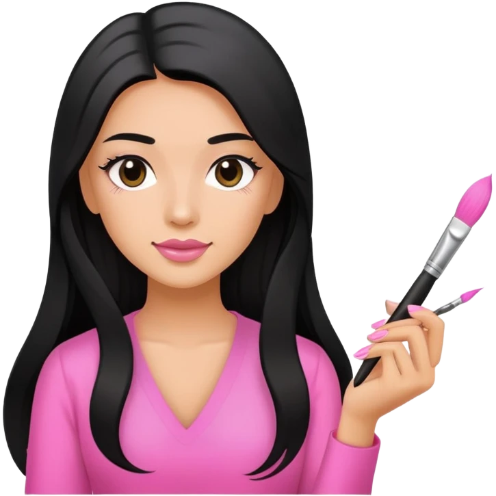 Pink Nail Tech with black long hair holding small acrylic brush emoji