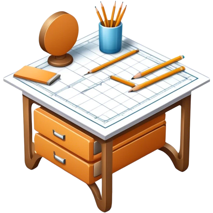 Icon for Furniture Design: a furniture drawing with 3D models of furniture pieces placed on top, accompanied by rulers and a pencil. The icon should represent the design process with focus on precision and modeling. Transparent background. emoji
