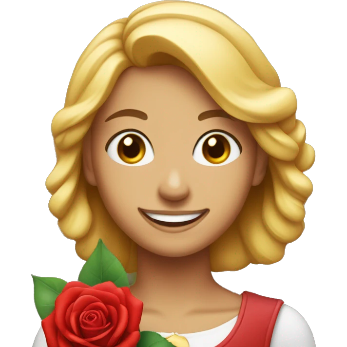She was smiling lovingly with a red rose in her hand. emoji