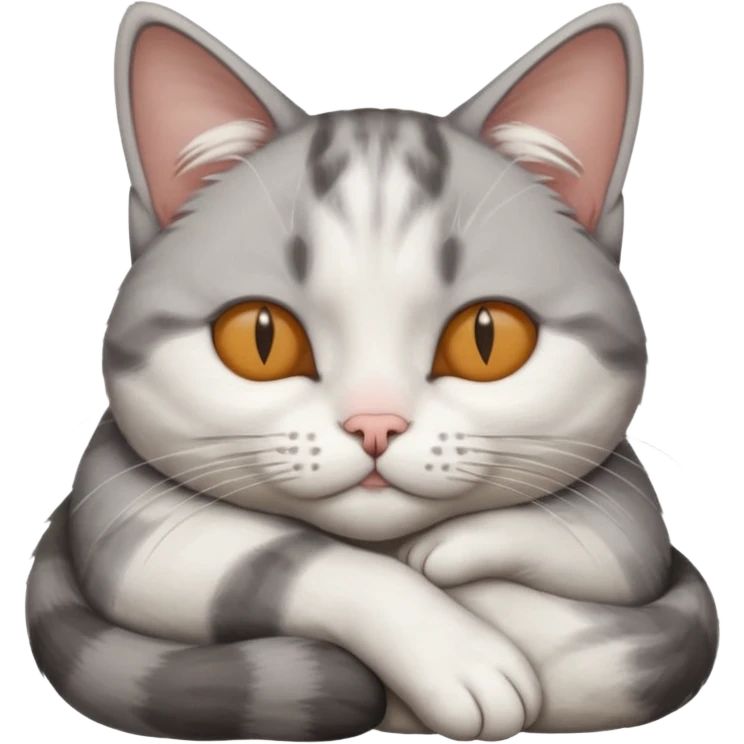 grey and white small cat with its eyes closed lying down with its head resting own paw emoji