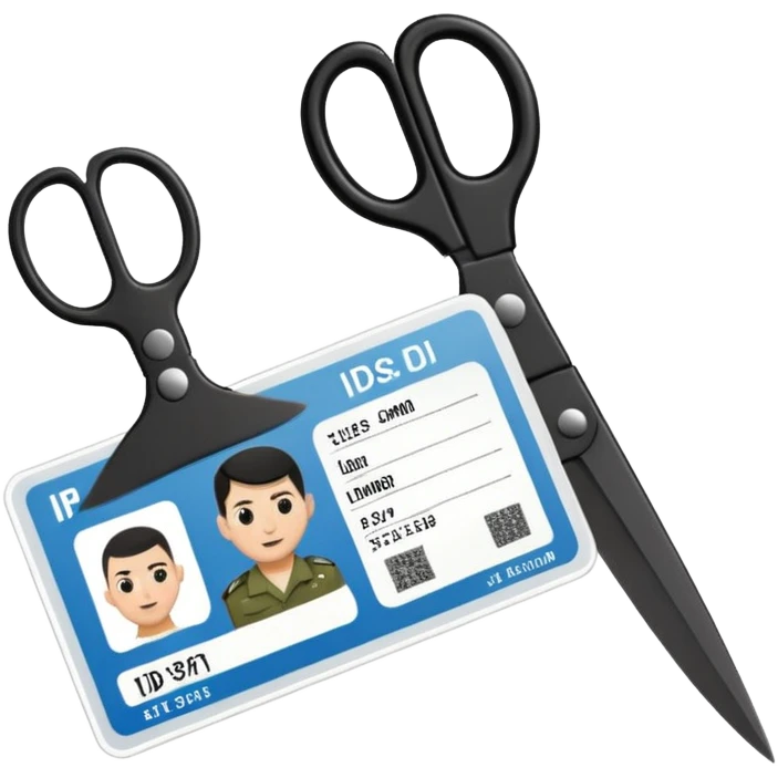 Floating black Scissors cutting in half an idf soldier ID card with a little chip in 2 parts emoji