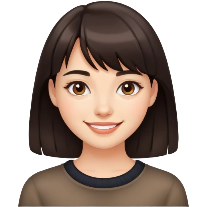 Young woman with dark brown bangs, natural light makeup, friendly smile emoji