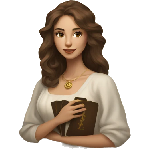 Brown hair beautiful girl with brown tarot gold cards emoji