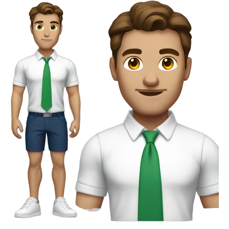 Tall, strong man, brown hair, green shoes, white skin wearing a white blouse and dark blue shorts emoji