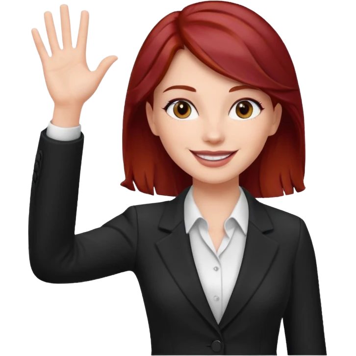 reate Emoji of white girl with bussines outfit is waveing with one hand and make her hair stronger dark red color please emoji