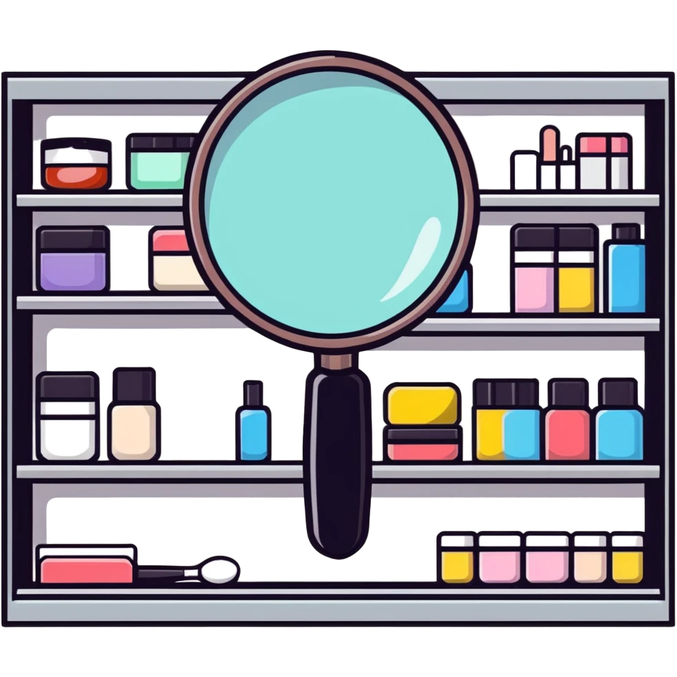 front view magnifying glass over empty beauty product shelf searching emoji