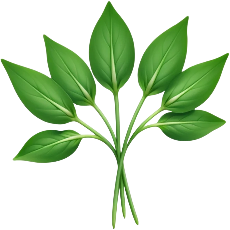 single sprig or small cluster of wild garlic leaves with smooth elongated lance-shaped blades, rich vibrant green color, soft central veins, fresh slightly glossy surface, gently arching from slender stems, no roots or soil, apple emoji style, soft lighting, subtle shadows, emoji scale emoji