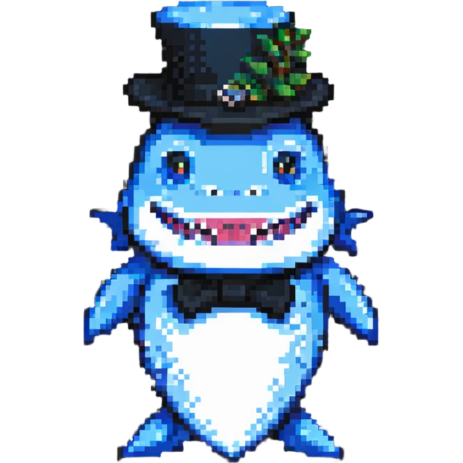 pixel art shark with a black tophat emoji
