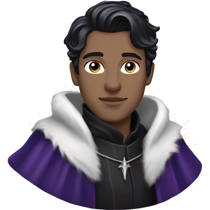 Rhysand has straight short blue-black hair, like a raven's feathers and violet/purple eyes, he wears a black cloak and a black and silver crown emoji