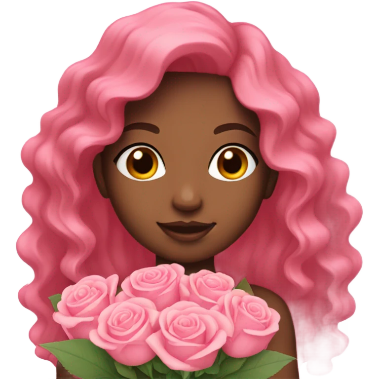 girl with long pink wavy hair holding a bouquet of pink roses  emoji
