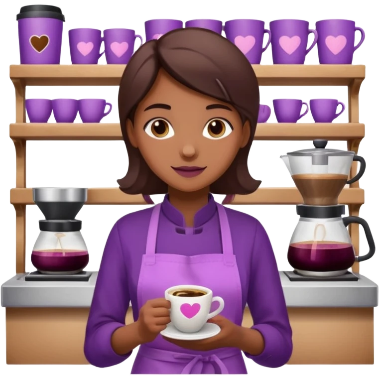 Create 3D minimalist emoji in the style of Coffee Lover — a coffee shop and roastery brand.
Style: cozy, warm.
Colors — purple-pink range.
barista with coffee
on the form it says "Coffee Lover" emoji