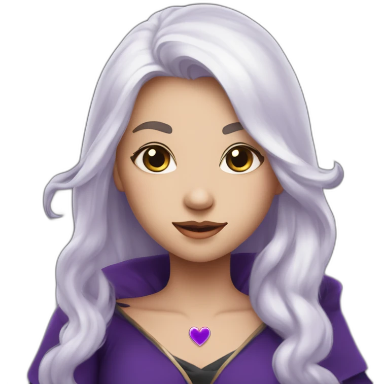 a girl with long white hair in purple top at the tip, a small heart on the left cheek black dress up like a sorcerer emoji