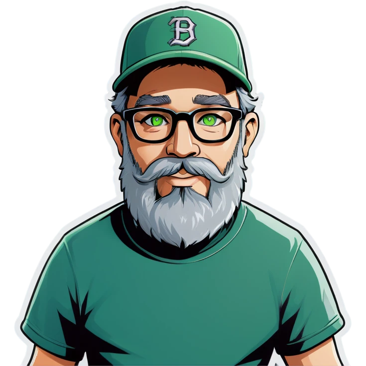 A bold man with a grey baseball cap, green eyes, big beard and glasses, waving  emoji