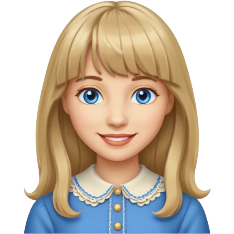 Woman with long dark blond hair and bang, blue eyes, vintage clothe emoji emoji