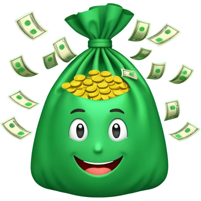 

3D emoji style, big bag of money, flying dollar bills, rich casino vibe, smooth lighting, high detail, clean edges, transparent background



 emoji