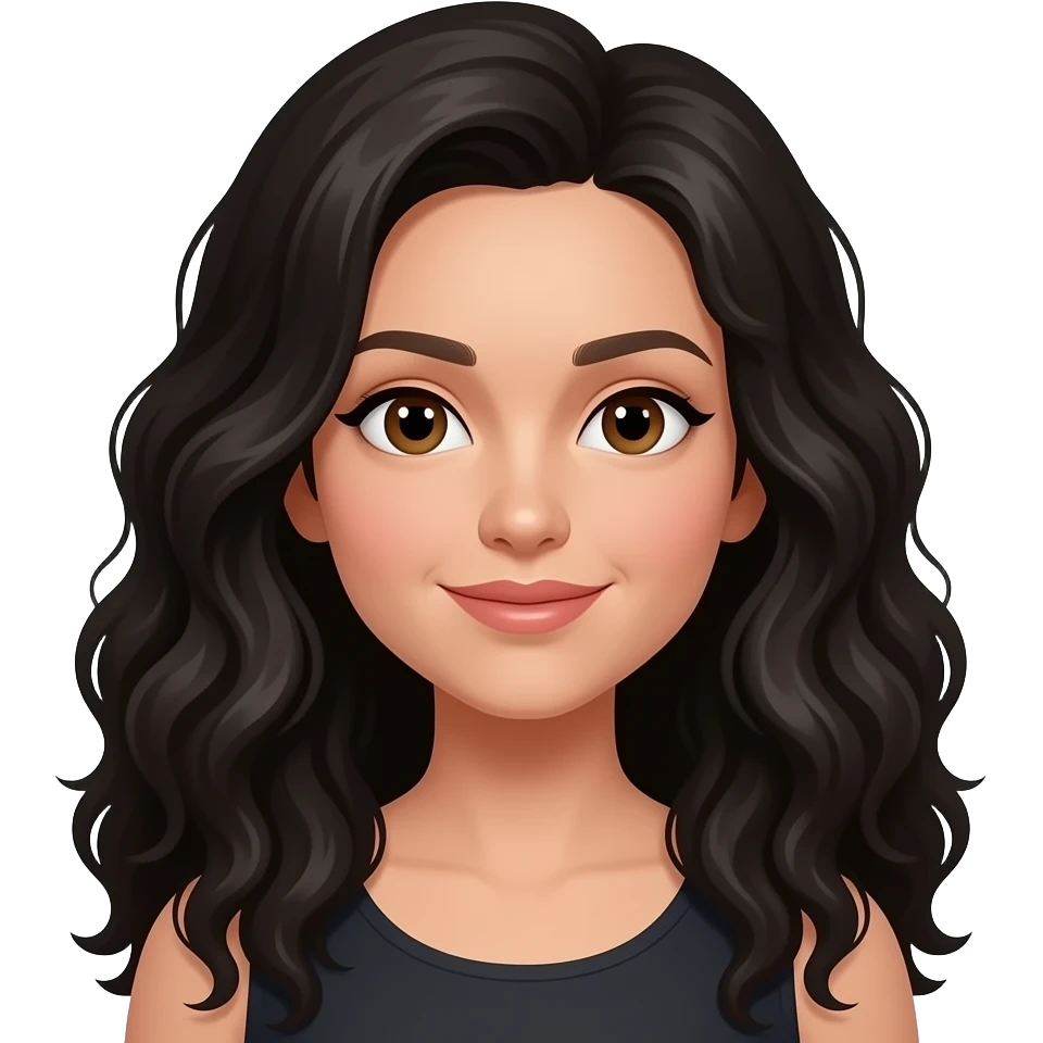 A white woman with long curly black hair and brown eyes. emoji