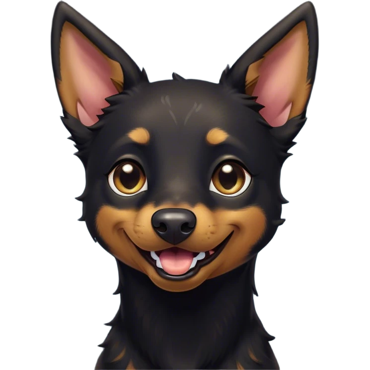 Cinematic Comical Black and Tan Kelpie Portrait Emoji, Head tilted dramatically with an exaggeratedly amused expression, featuring a striking black Fur with bold tan patches, wide, expressive dark eyes filled with playful disbelief, Simplified yet hilariously expressive features, highly detailed, glowing with a slightly sassy glow, high shine, dramatic yet playful, stylized with an air of cheeky mischief, bright and endearing, soft glowing outline, capturing the essence of a spirited and over-the-top herder, so meme-worthy it feels like it could side-eye its way into internet fame instantly! emoji
