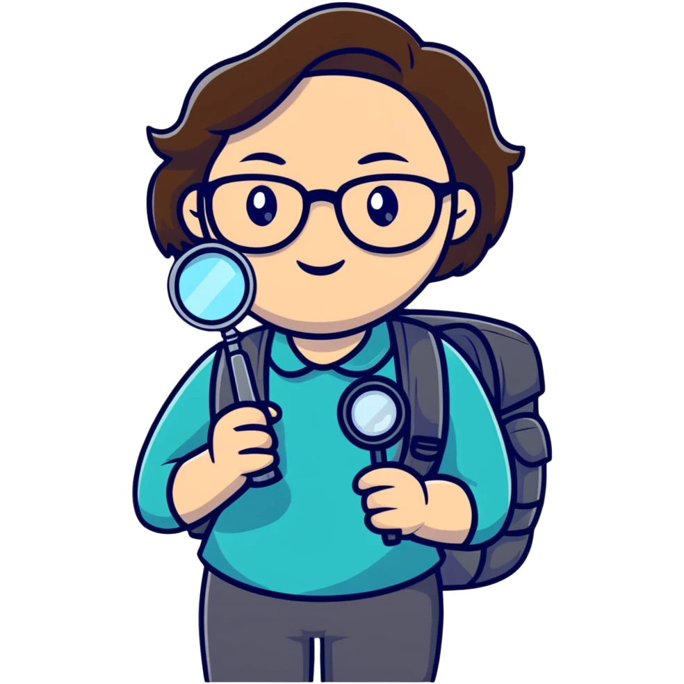 Cheerful woman hiker in her late 30s with glasses, backpack, and one magnifying glass in her right hand emoji