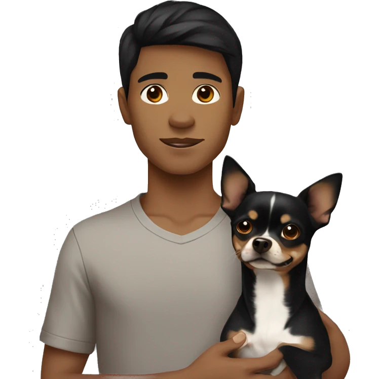 Boy with black hair and brown eye holding a black and brown chihuahua  emoji