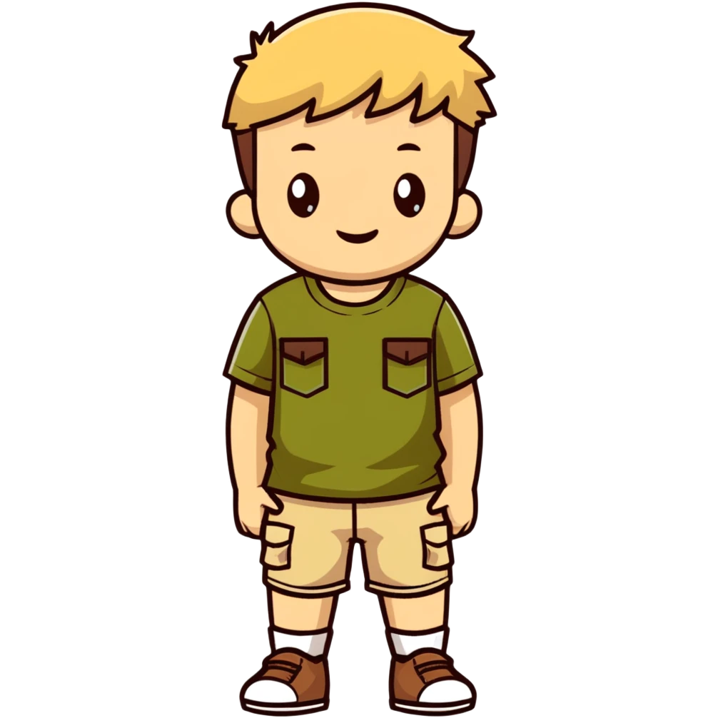 boy wearing an olive-green shirt over a brown T-shirt with beige cargo shorts emoji