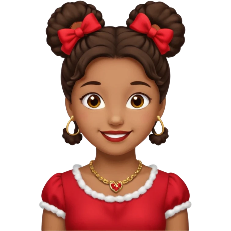 Brownskin girl dark brown hair fluffy.Two buns with red bows brown eyes smiling closed mouth red shift gold necklace emoji