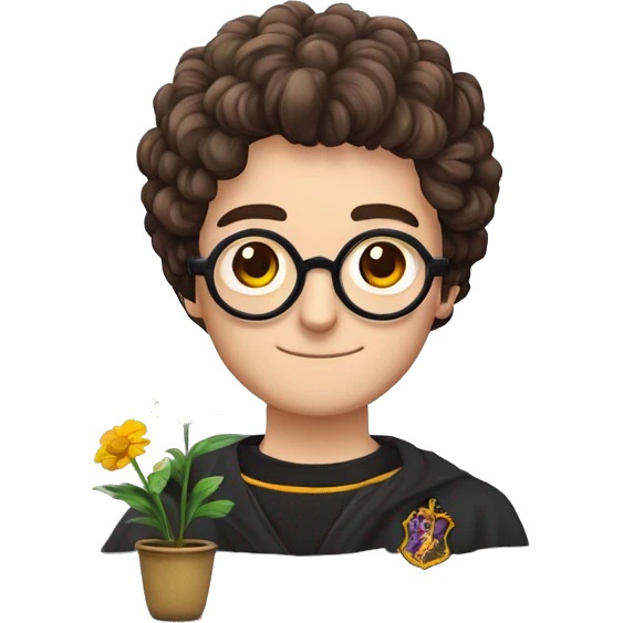Harry potter avec les cheveux bouclés avec un pot de fleur dans les main  avec des lunettes rondes et ça cicatrices en forme de trait vertical sur le front emoji
