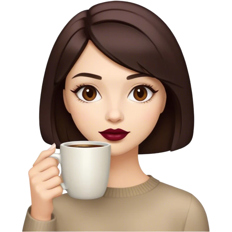 A brunette girl with a bob hairstyle, drinking coffee  Burgundy emoji