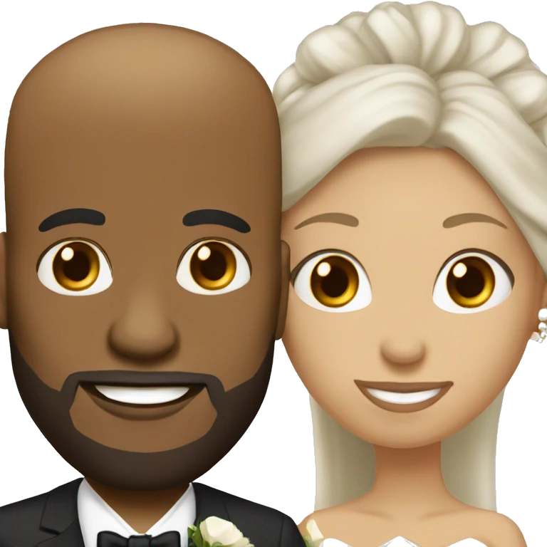Black bald man with a beard and his wife with long, brown, curly hair on their wedding day emoji