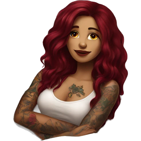 Beautiful tattooed burgundy long haired woman laying on the bed emoji