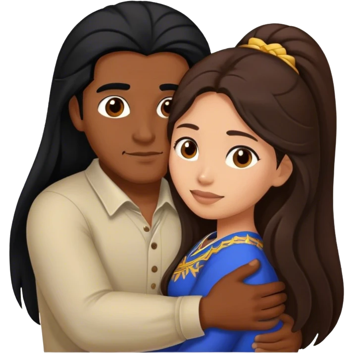 Dark Latino man with long black hair hugging brown hair Filipina emoji