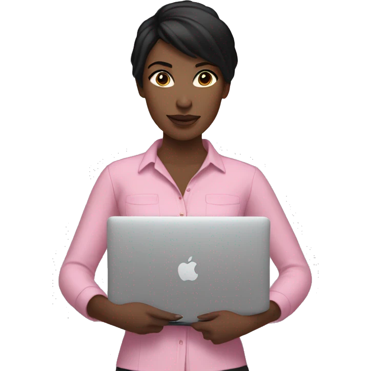 Fair-skinned woman with black hair wearing a pink shirt holding a gold macbook emoji